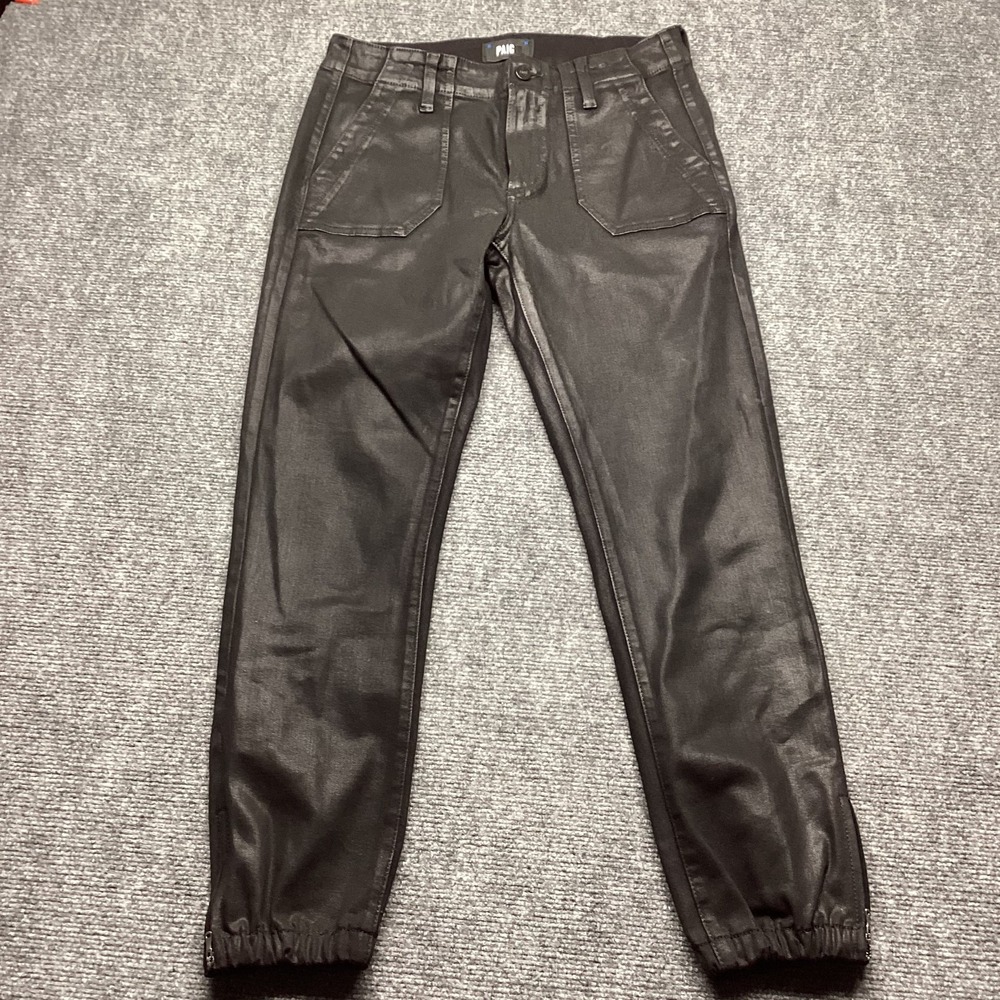 PAIGE Mayslie Jogger Pants 28 Black Fog Luxe Coated Wax Denim Ankle Zip Utility